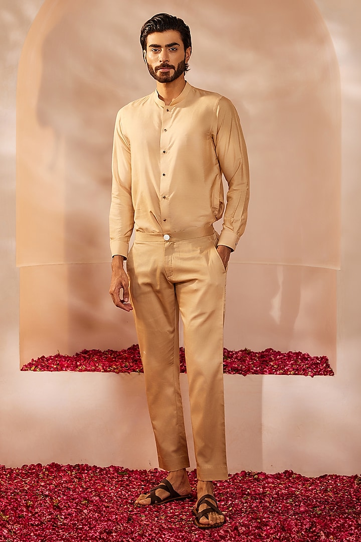 Gold Cotton Silk Short Kurta Set by Shreyansh Designs at Pernia's Pop Up Shop