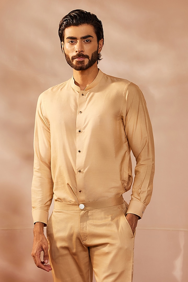 Gold Cotton Silk Short Kurta Set by Shreyansh Designs at Pernia's Pop Up Shop