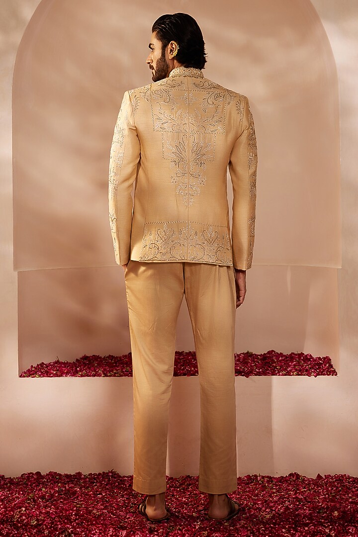 Gold Dupion Silk Thread Embroidered Wedding Bandhgala Set by Shreyansh Designs at Pernia's Pop Up Shop