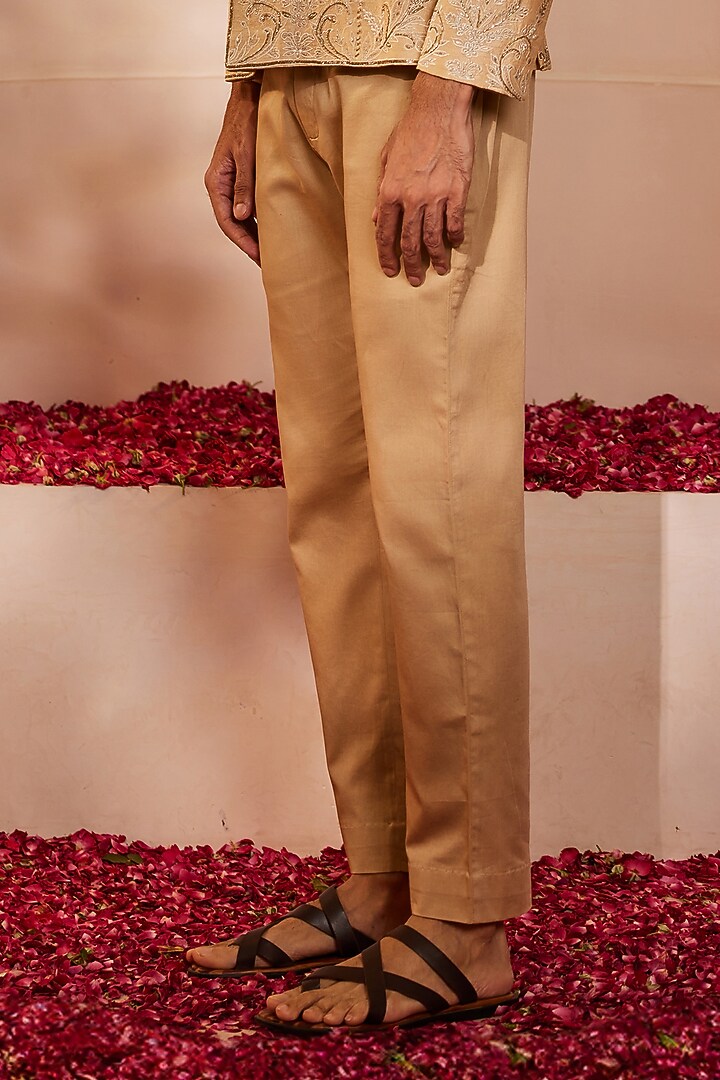Gold Dupion Silk Thread Embroidered Wedding Bandhgala Set by Shreyansh Designs at Pernia's Pop Up Shop