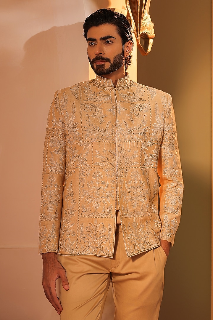Gold Dupion Silk Thread Embroidered Wedding Bandhgala Set by Shreyansh Designs at Pernia's Pop Up Shop
