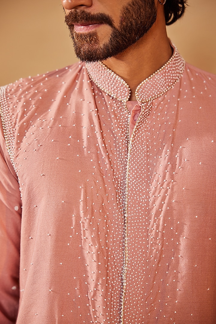 Baby Pink Cotton Silk Sequins Embroidered Kurta Set by Shreyansh Designs at Pernia's Pop Up Shop