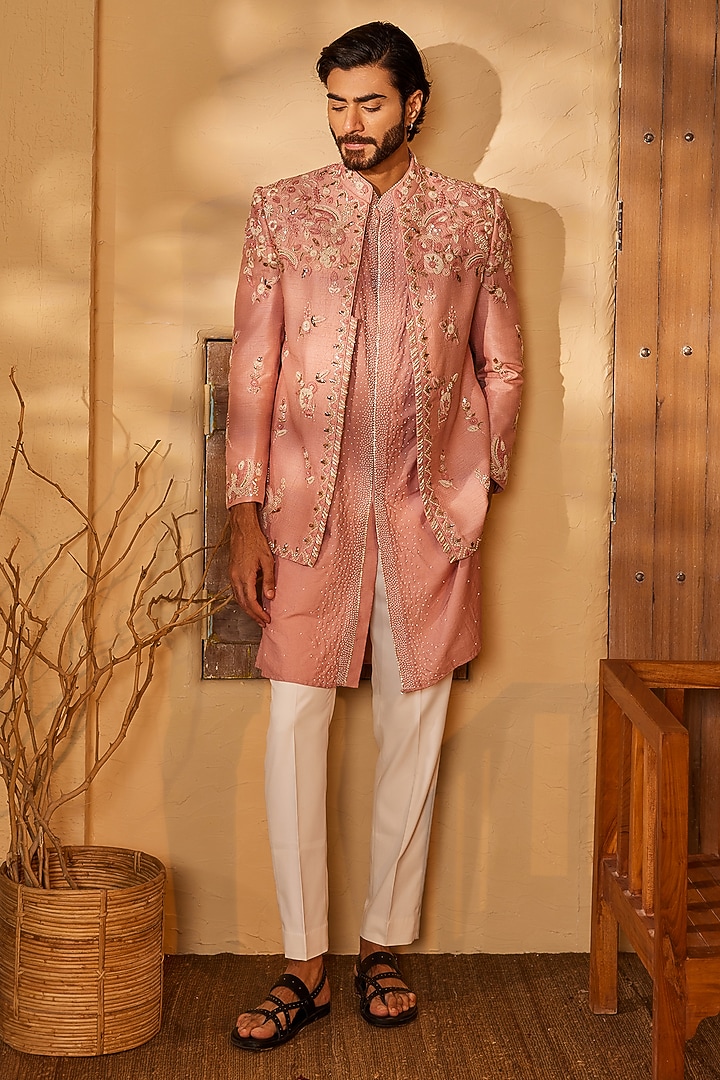 Baby Pink Dupion Silk Dabka Embroidered Indo-Western Set by Shreyansh Designs at Pernia's Pop Up Shop