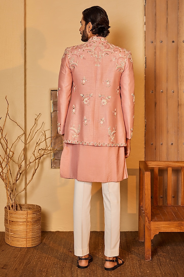 Baby Pink Dupion Silk Dabka Embroidered Indo-Western Set by Shreyansh Designs at Pernia's Pop Up Shop