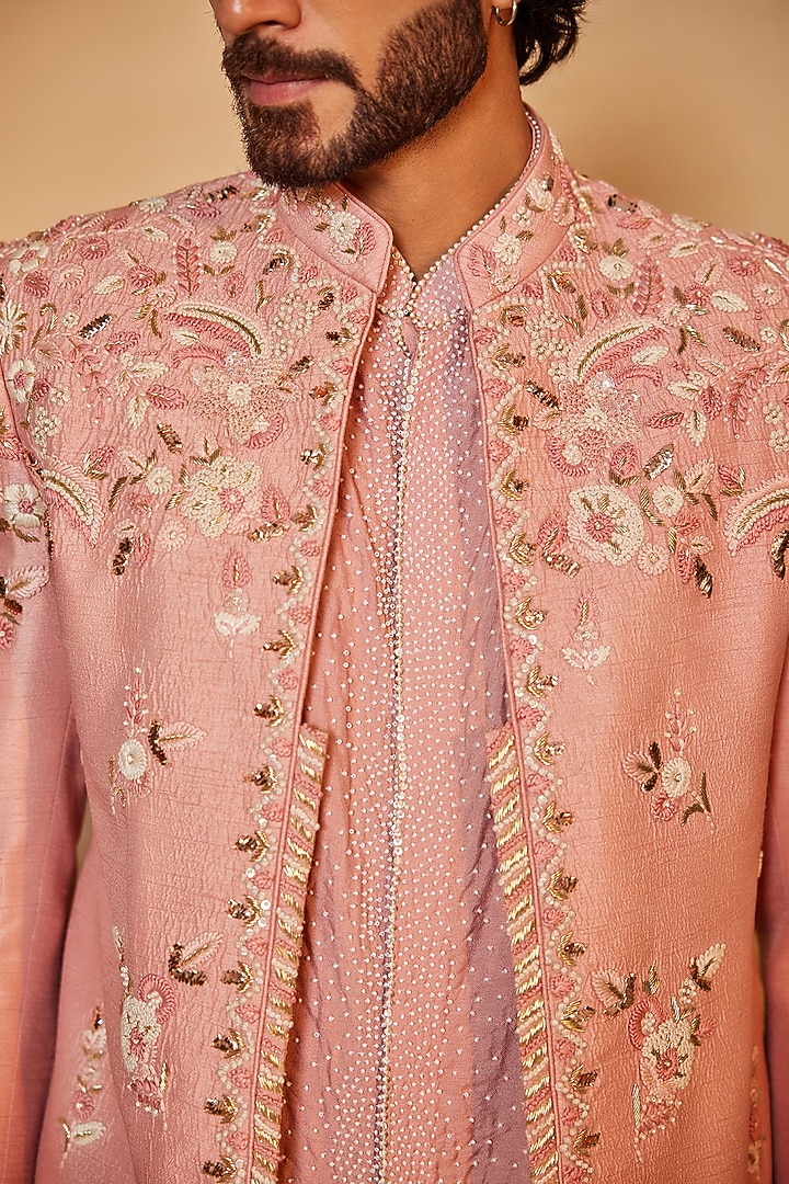 Baby Pink Dupion Silk Dabka Embroidered Indo-Western Set by Shreyansh Designs at Pernia's Pop Up Shop