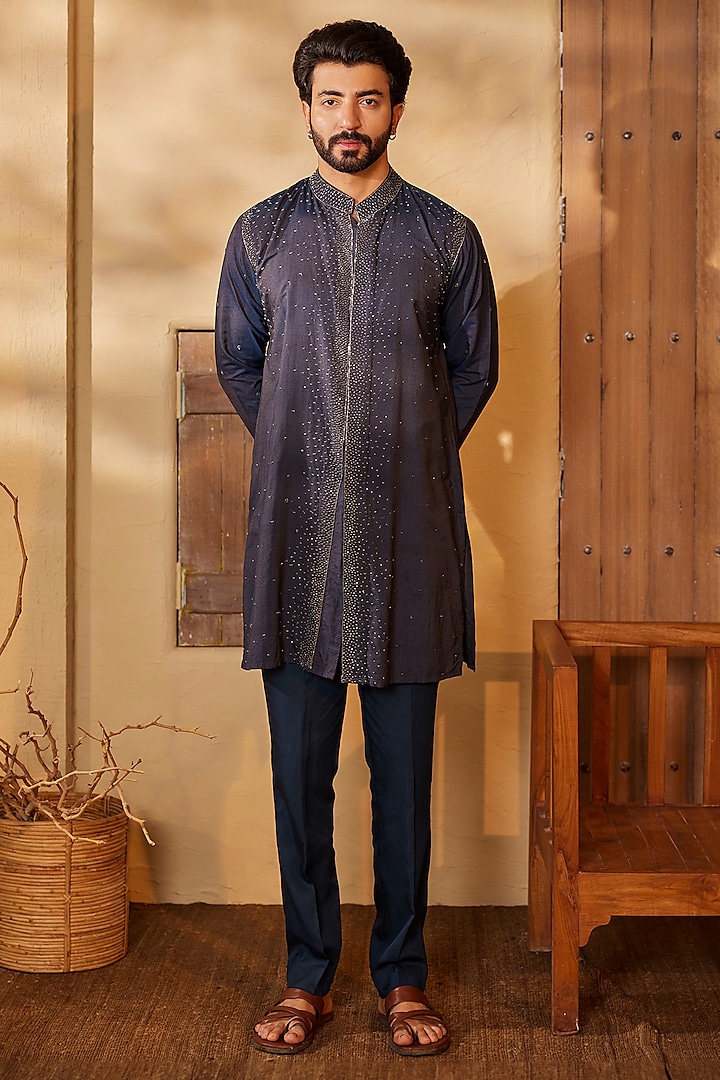 Midnight Blue Cotton Silk Sequins Embroidered Kurta Set by Shreyansh Designs at Pernia's Pop Up Shop