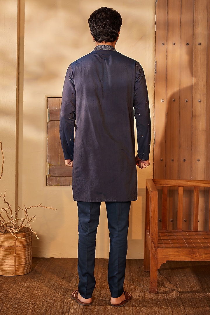 Midnight Blue Cotton Silk Sequins Embroidered Kurta Set by Shreyansh Designs at Pernia's Pop Up Shop