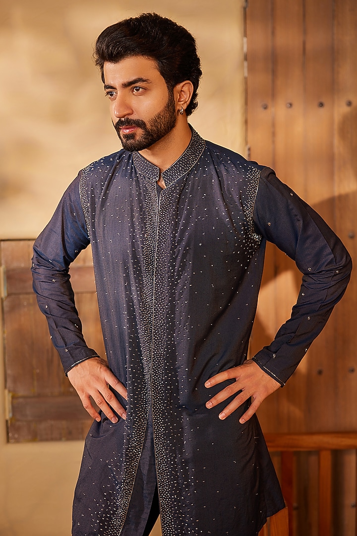 Midnight Blue Cotton Silk Sequins Embroidered Kurta Set by Shreyansh Designs at Pernia's Pop Up Shop