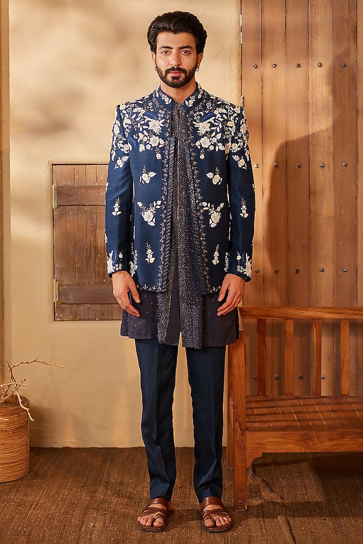 Midnight Blue Dupion Silk Sequins Embroidered Indo-Western Set by Shreyansh Designs at Pernia's Pop Up Shop
