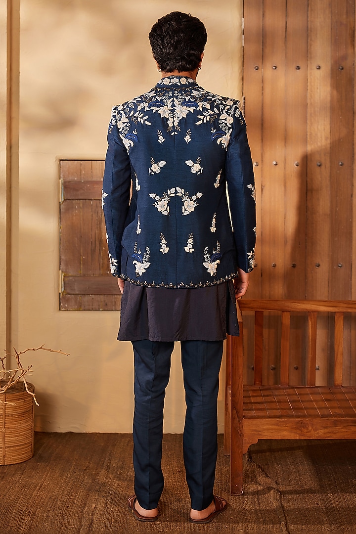Midnight Blue Dupion Silk Sequins Embroidered Indo-Western Set by Shreyansh Designs at Pernia's Pop Up Shop