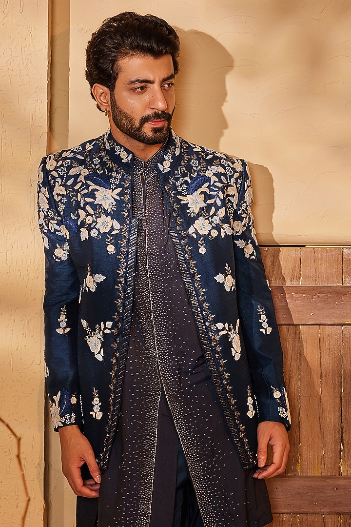 Midnight Blue Dupion Silk Sequins Embroidered Indo-Western Set by Shreyansh Designs at Pernia's Pop Up Shop