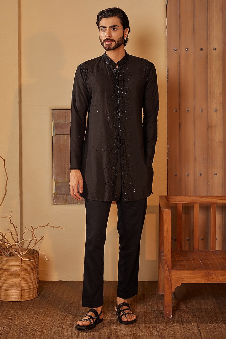 Black Cotton Silk Glass Beads Embroidered Kurta Set by Shreyansh Designs