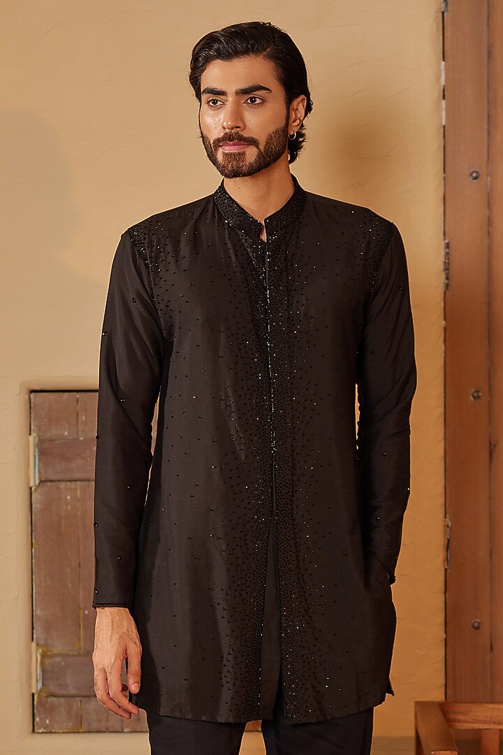 Black Cotton Silk Glass Beads Embroidered Kurta Set by Shreyansh Designs at Pernia's Pop Up Shop