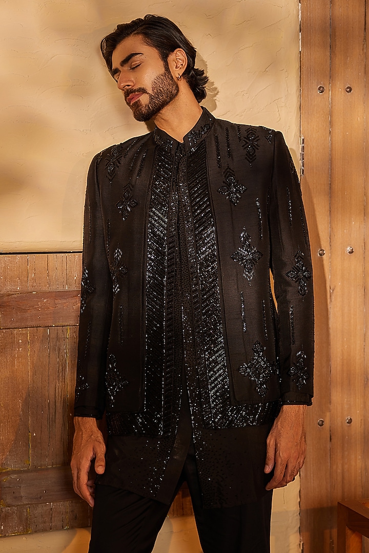 Black Dupion Silk Glass Beads Embroidered Indo-Western Set by Shreyansh Designs at Pernia's Pop Up Shop
