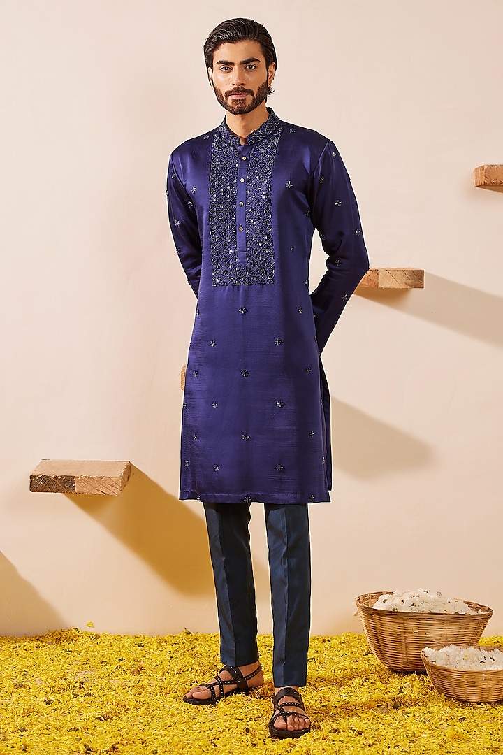 Midnight Blue Padma Silk Glass Beads Embroidered Kurta Set by Shreyansh Designs at Pernia's Pop Up Shop