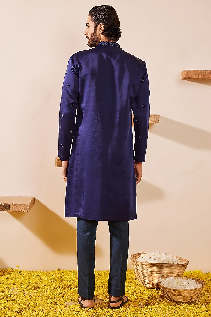 Midnight Blue Padma Silk Glass Beads Embroidered Kurta Set by Shreyansh Designs at Pernia's Pop Up Shop