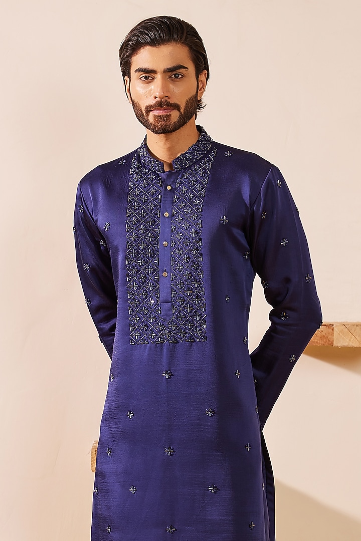 Midnight Blue Padma Silk Glass Beads Embroidered Kurta Set by Shreyansh Designs at Pernia's Pop Up Shop