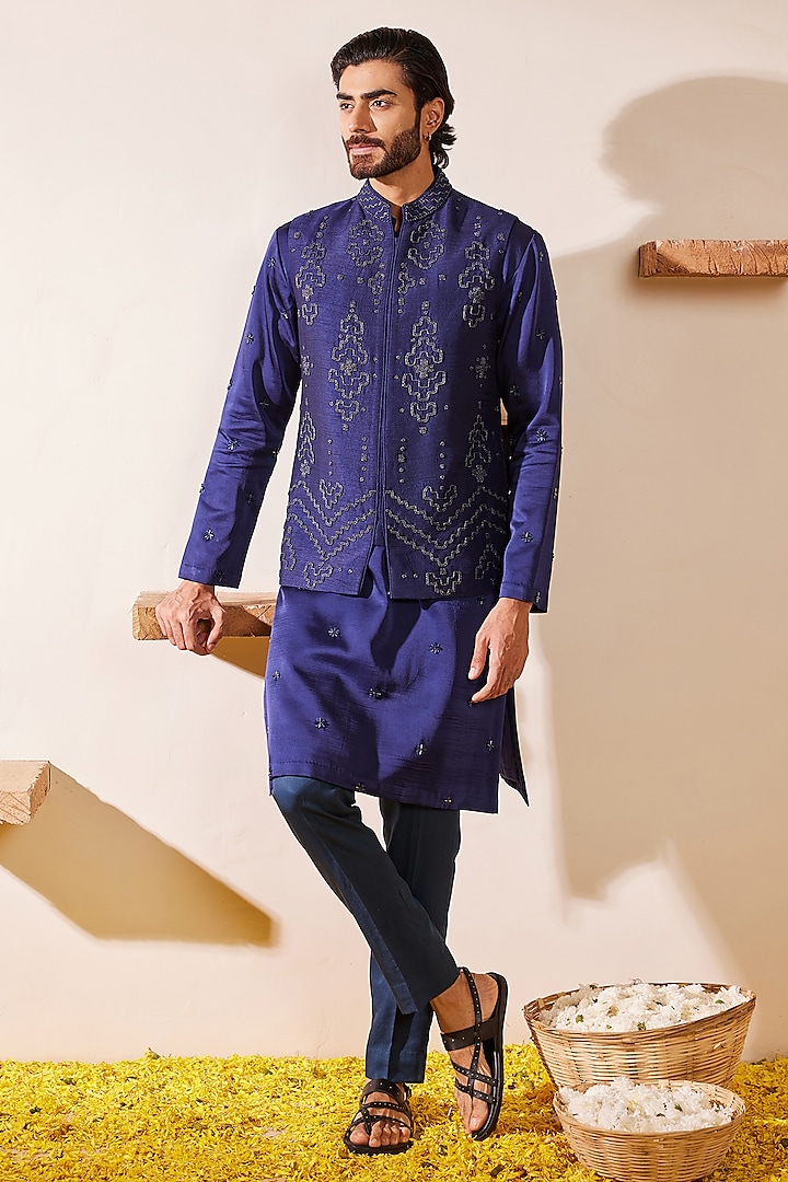 Midnight Blue Dupion Silk Hand Embroidered Nehru Jacket Set by Shreyansh Designs at Pernia's Pop Up Shop