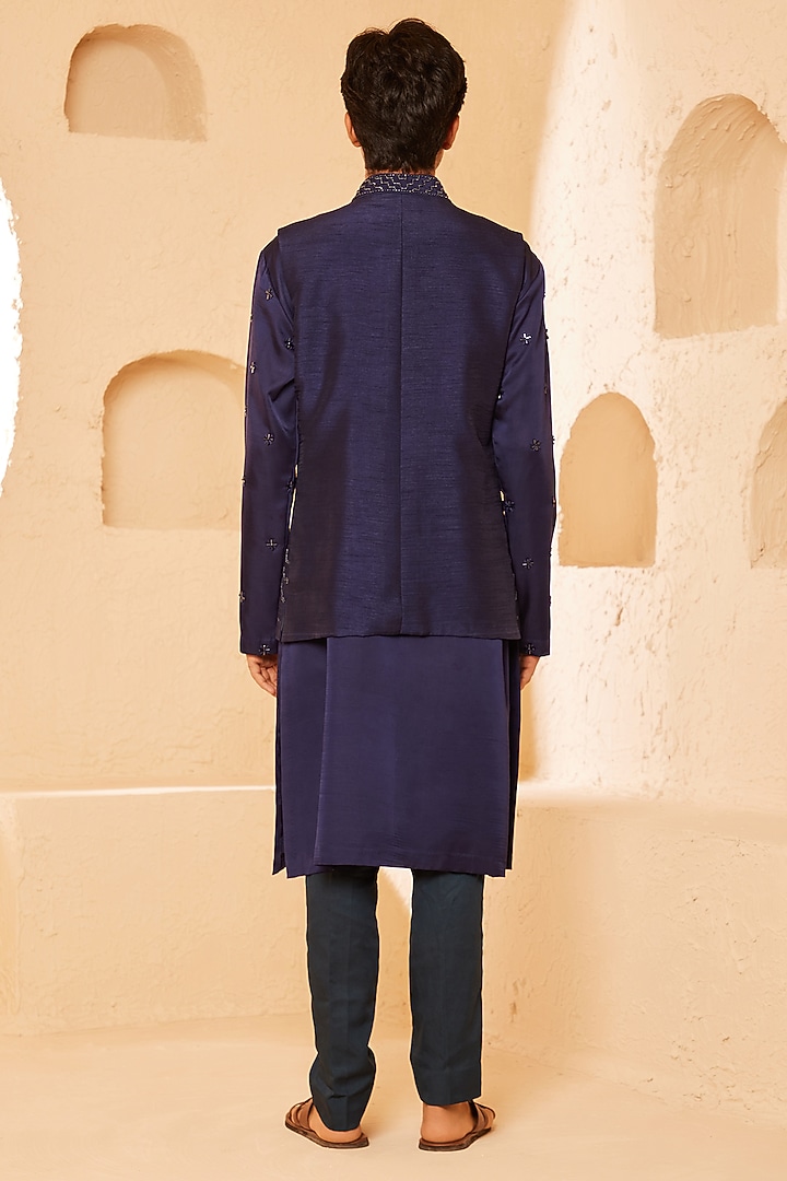 Midnight Blue Dupion Silk Hand Embroidered Nehru Jacket Set by Shreyansh Designs at Pernia's Pop Up Shop