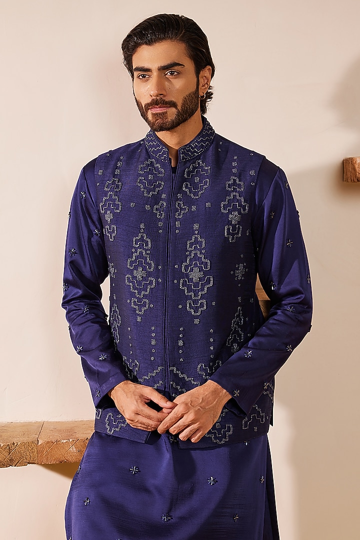 Midnight Blue Dupion Silk Hand Embroidered Nehru Jacket Set by Shreyansh Designs at Pernia's Pop Up Shop