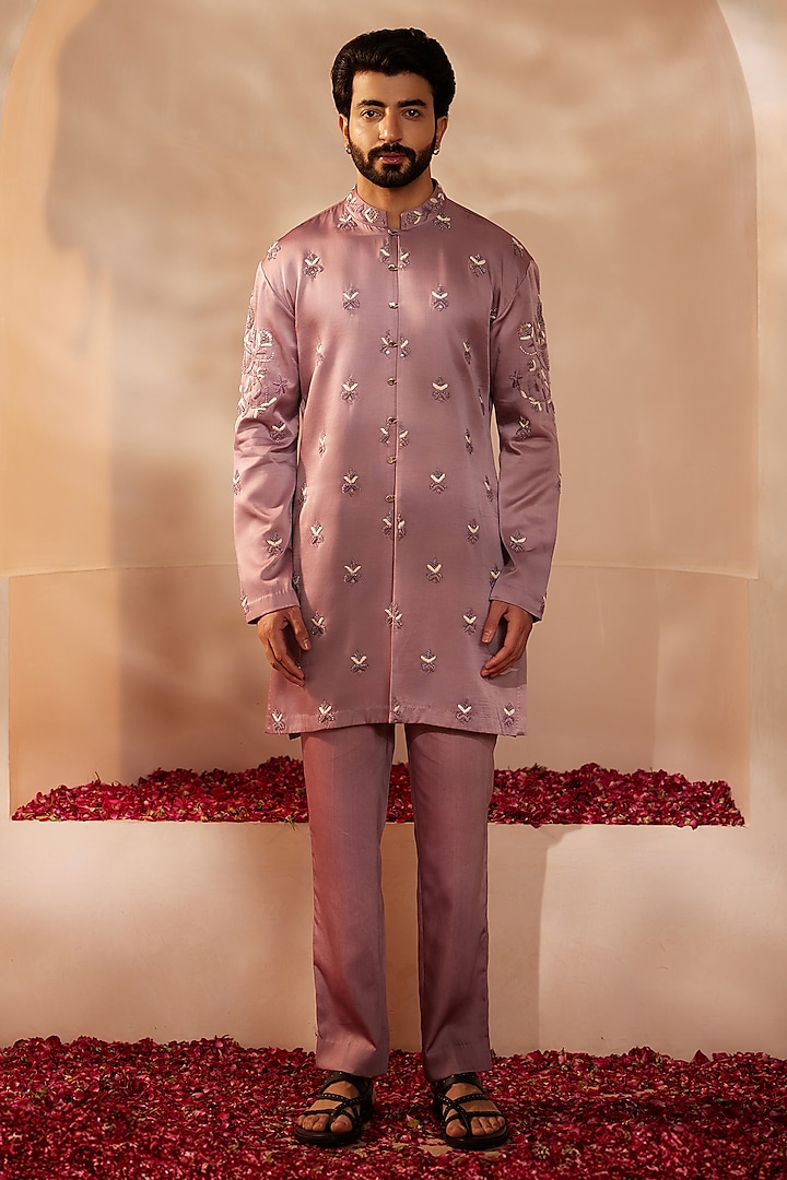 Lilac Padma Silk Hand Embroidered Kurta Set by Shreyansh Designs