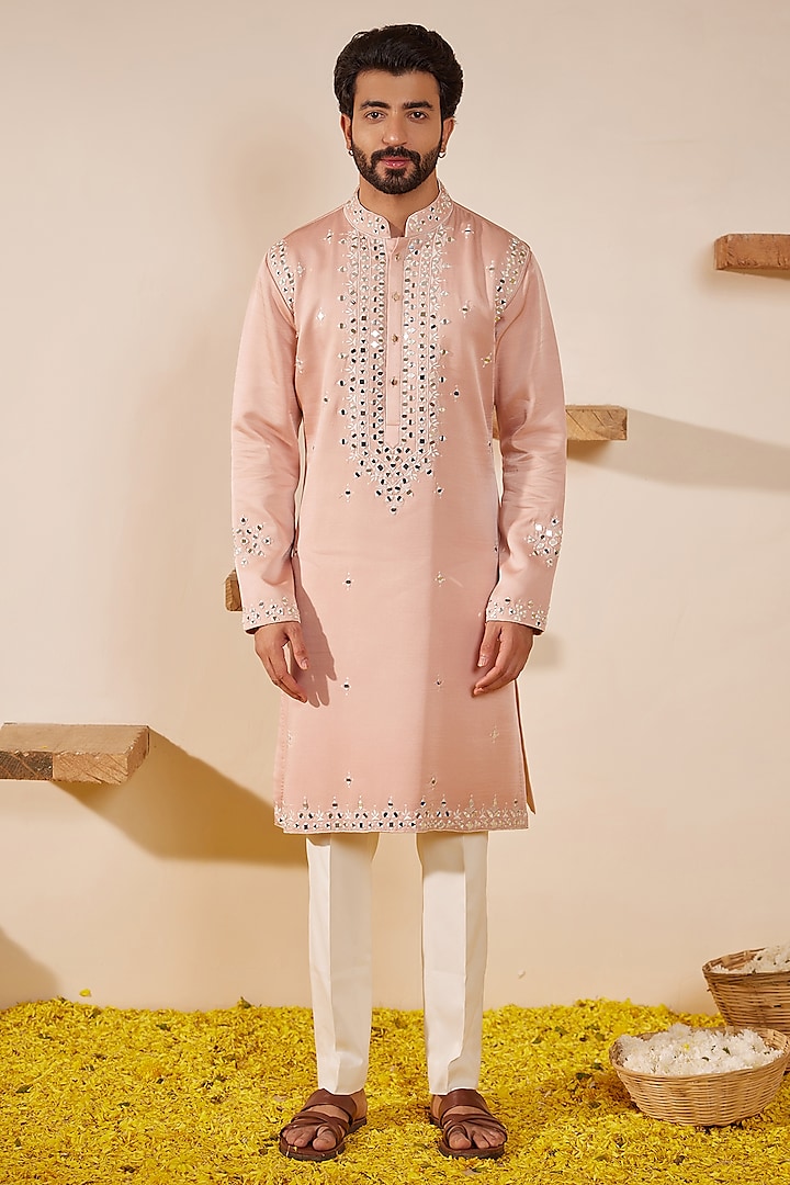 Soft Pink Padma Silk Mirror Embroidered Kurta Set by Shreyansh Designs at Pernia's Pop Up Shop