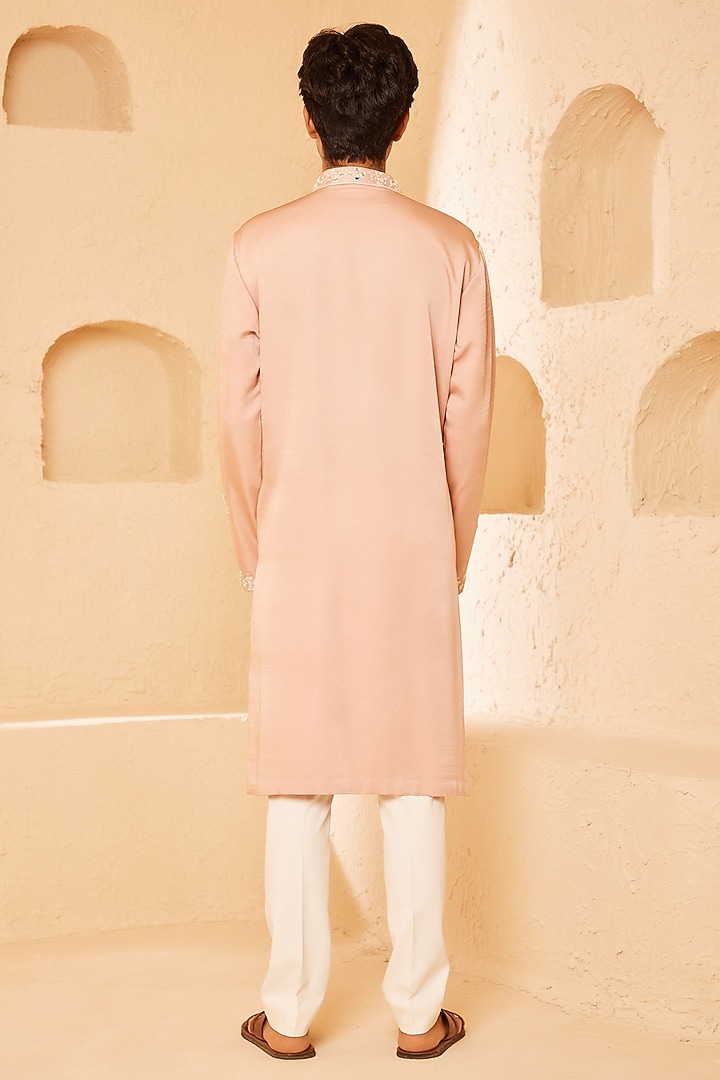 Soft Pink Padma Silk Mirror Embroidered Kurta Set by Shreyansh Designs at Pernia's Pop Up Shop