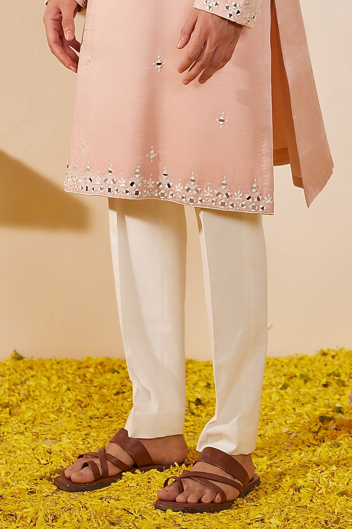 Soft Pink Padma Silk Mirror Embroidered Kurta Set by Shreyansh Designs at Pernia's Pop Up Shop