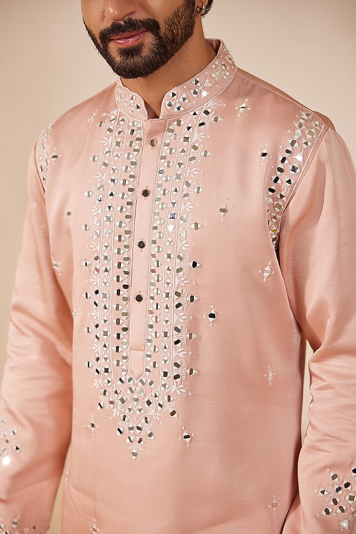 Soft Pink Padma Silk Mirror Embroidered Kurta Set by Shreyansh Designs at Pernia's Pop Up Shop