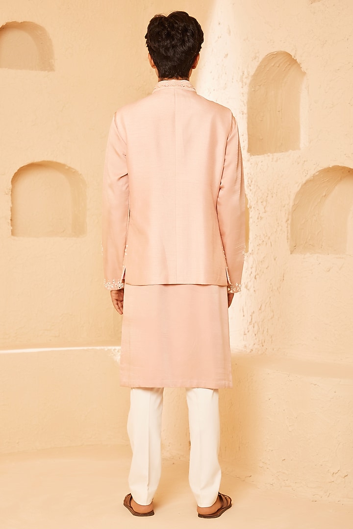 Soft Pink Dupion Silk Mirror Embroidered Waistcoat Set by Shreyansh Designs at Pernia's Pop Up Shop