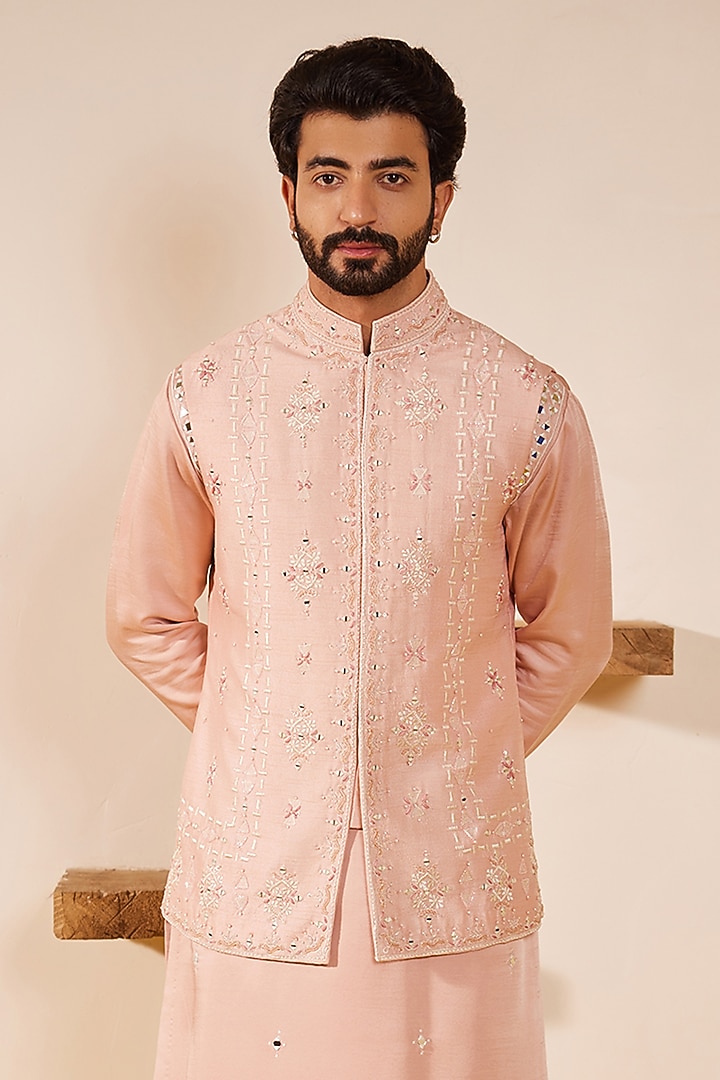 Soft Pink Dupion Silk Mirror Embroidered Waistcoat Set by Shreyansh Designs at Pernia's Pop Up Shop