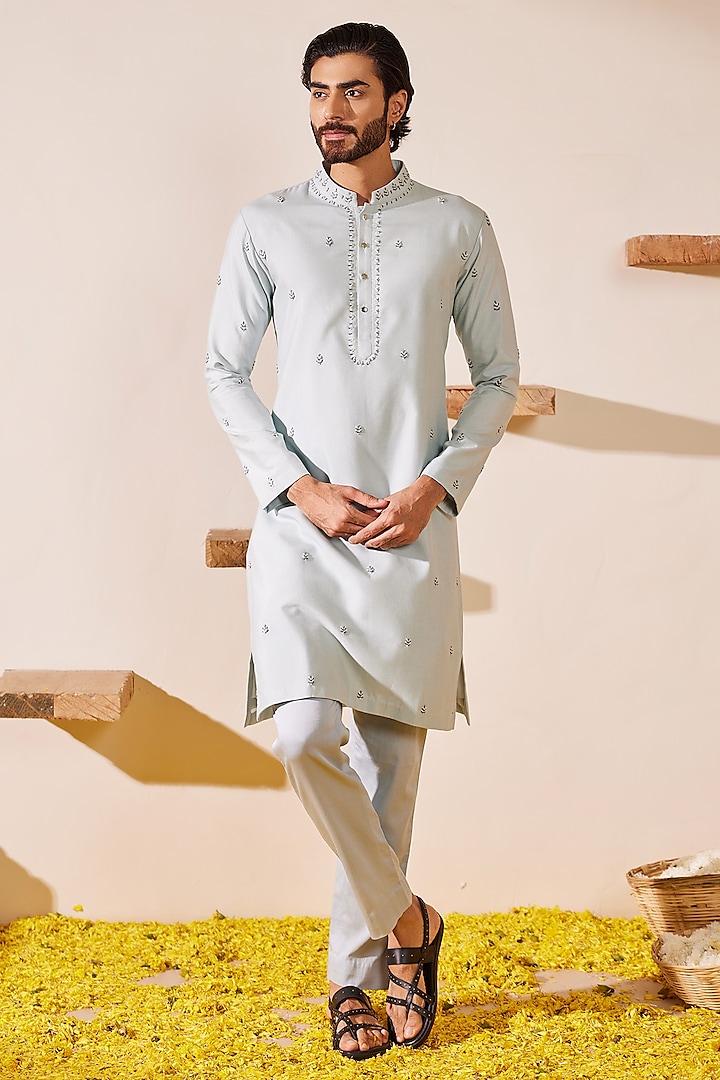 Powder Blue Cotton Silk Thread Embroidered Kurta Set by Shreyansh Designs at Pernia's Pop Up Shop