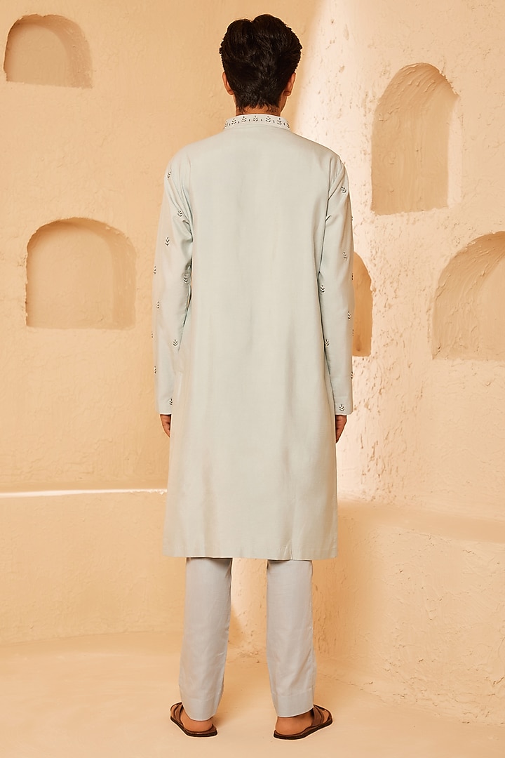 Powder Blue Cotton Silk Thread Embroidered Kurta Set by Shreyansh Designs at Pernia's Pop Up Shop