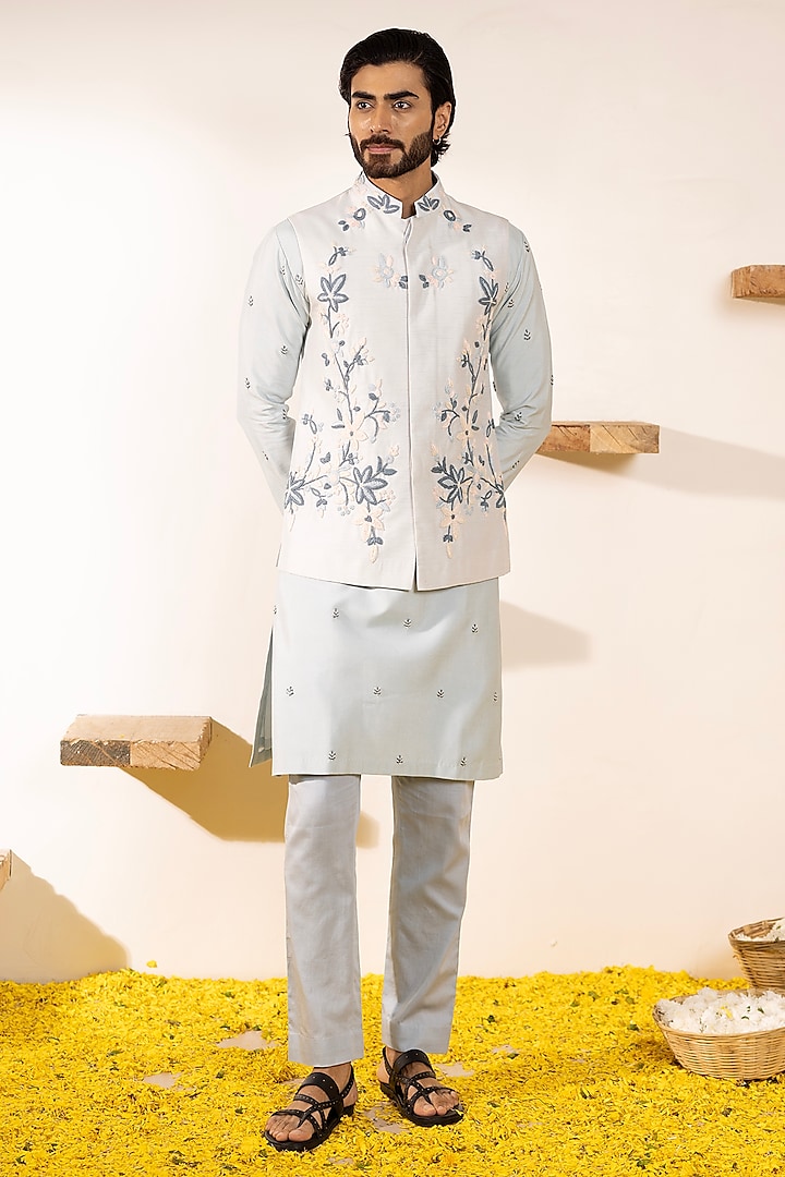 Powder Blue Dupion Silk Floral Embroidered Nehru Jacket Set by Shreyansh Designs