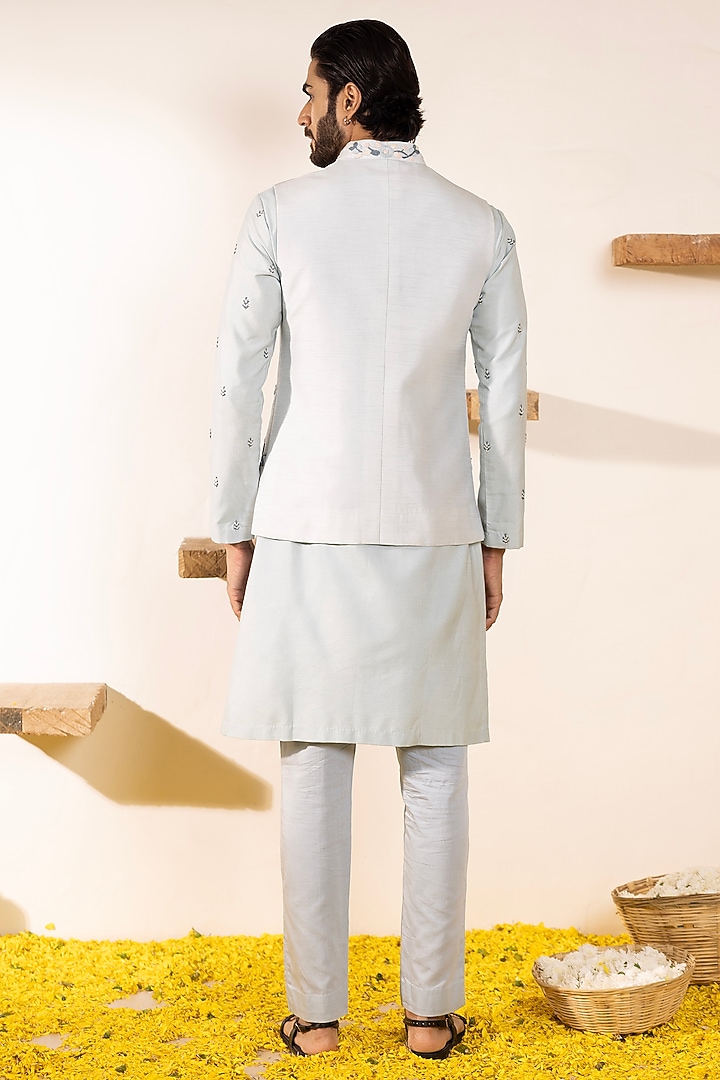 Powder Blue Dupion Silk Floral Embroidered Nehru Jacket Set by Shreyansh Designs at Pernia's Pop Up Shop