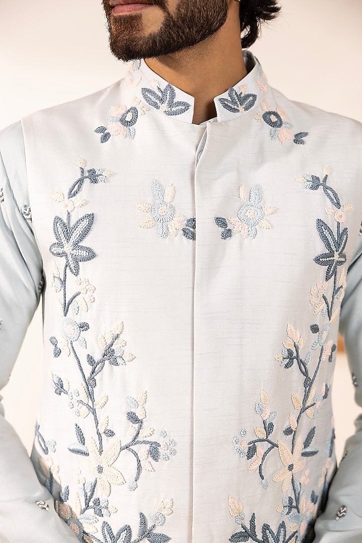Powder Blue Dupion Silk Floral Embroidered Nehru Jacket Set by Shreyansh Designs at Pernia's Pop Up Shop
