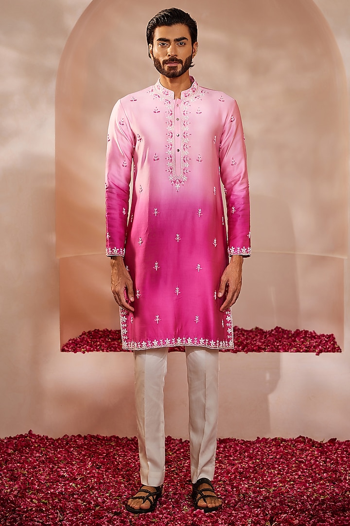 Fuchsia Pink Ombre Padma Silk Thread Hand Embroidered Kurta Set by Shreyansh Designs at Pernia's Pop Up Shop