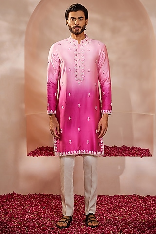 Fuchsia Pink Ombre Padma Silk Thread Hand Embroidered Kurta Set by Shreyansh Designs
