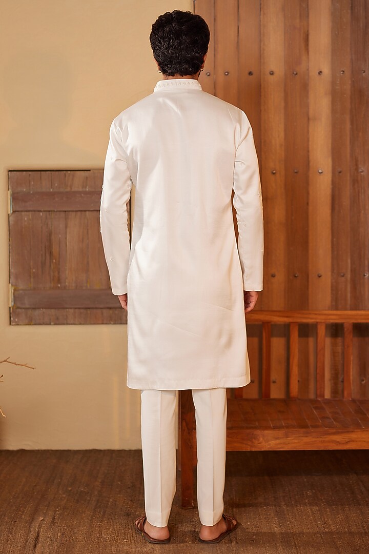 Milky White Padma Silk Glass Beads Embroidered Kurta Set by Shreyansh Designs at Pernia's Pop Up Shop