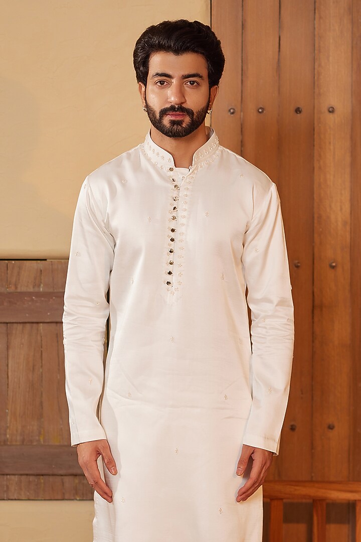 Milky White Padma Silk Glass Beads Embroidered Kurta Set by Shreyansh Designs at Pernia's Pop Up Shop