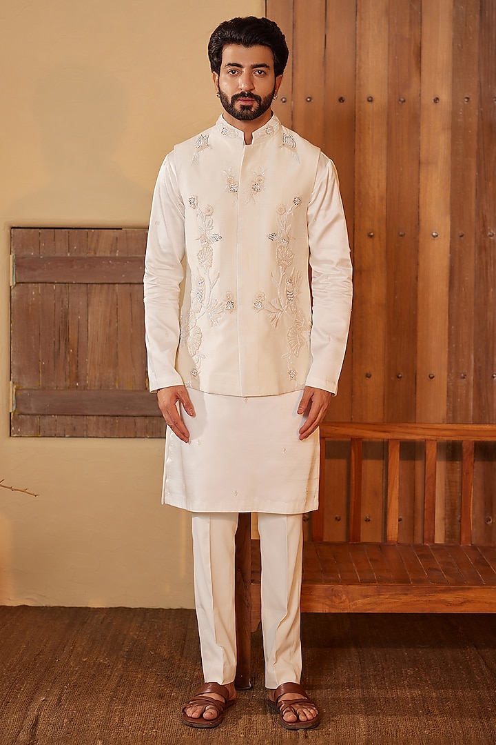 Milky White Dupion Silk Floral Embroidered Nehru Jacket Set by Shreyansh Designs