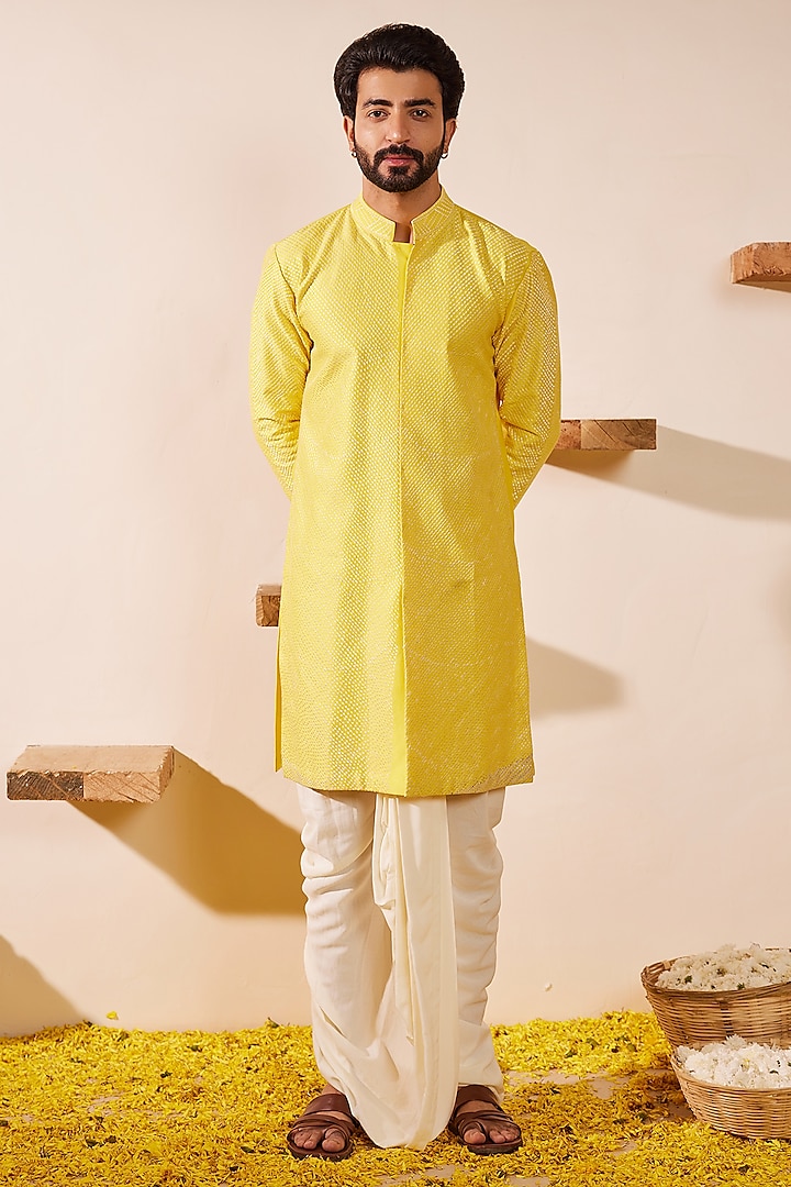 Lime Yellow Chanderi Silk Embroidered Kurta Set by Shreyansh Designs