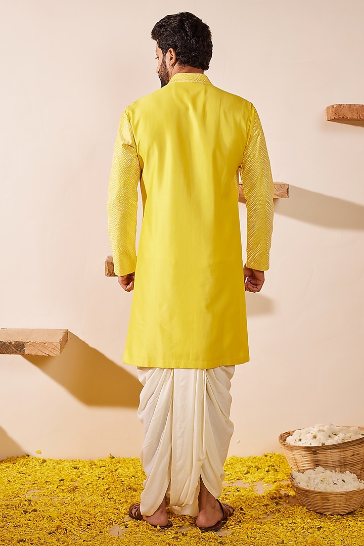 Lime Yellow Chanderi Silk Embroidered Kurta Set by Shreyansh Designs at Pernia's Pop Up Shop