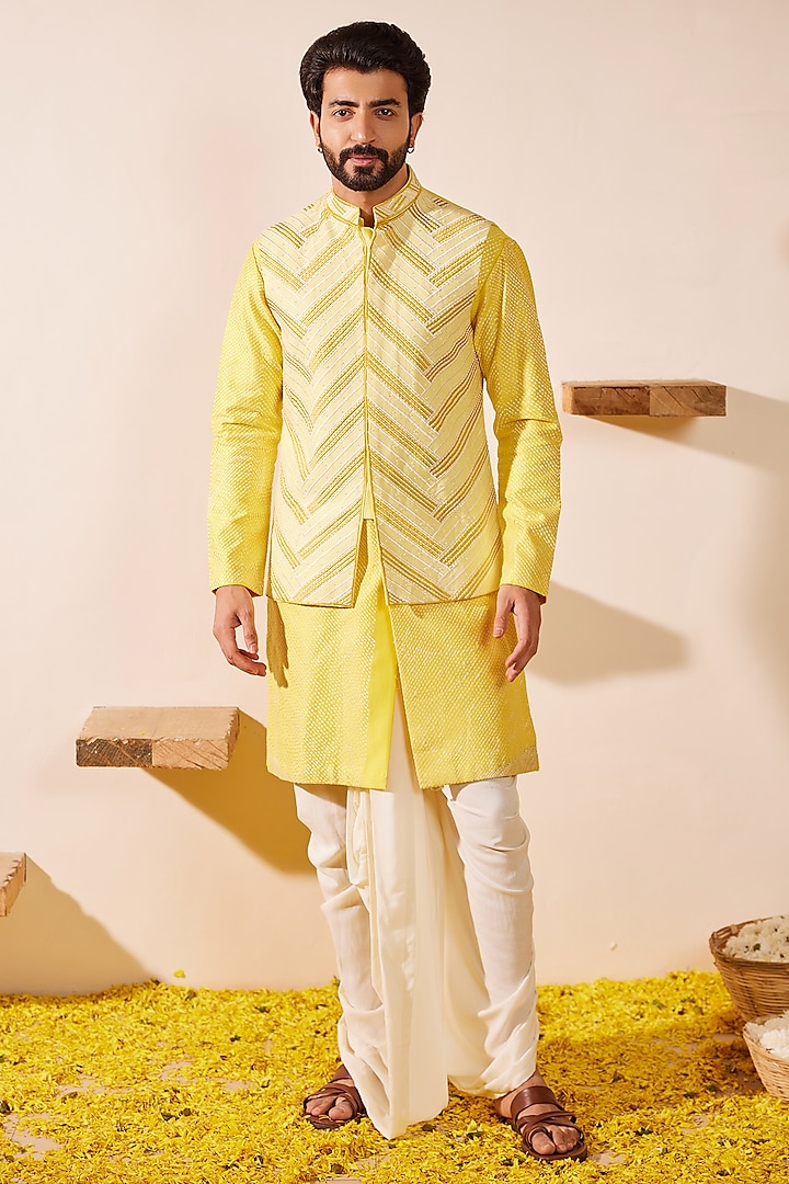 Lime Yellow Dupion Silk Thread Embroidered Nehru Jacket Set by Shreyansh Designs