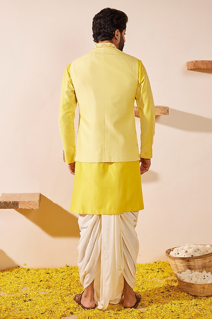 Lime Yellow Dupion Silk Thread Embroidered Nehru Jacket Set by Shreyansh Designs at Pernia's Pop Up Shop