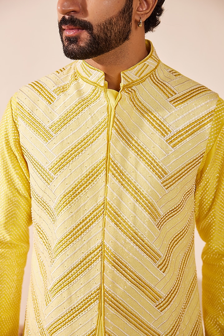 Lime Yellow Dupion Silk Thread Embroidered Nehru Jacket Set by Shreyansh Designs at Pernia's Pop Up Shop
