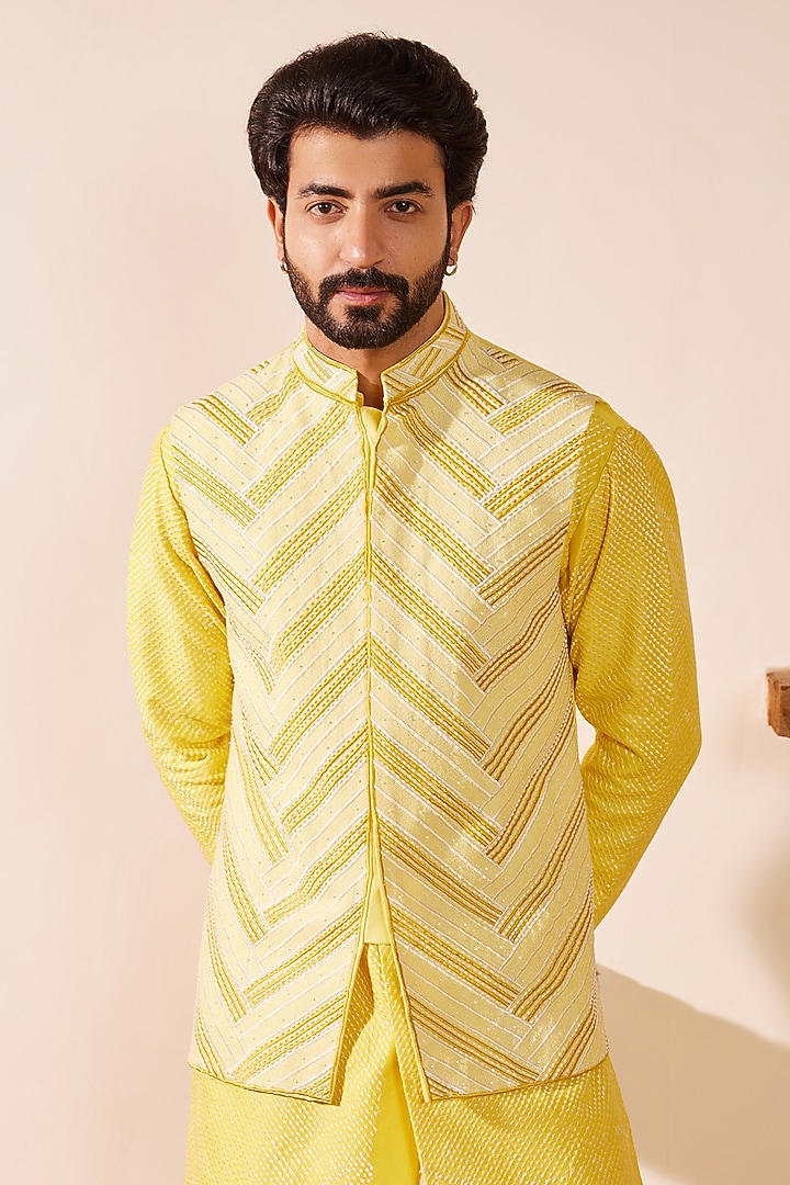 Lime Yellow Dupion Silk Thread Embroidered Nehru Jacket Set by Shreyansh Designs at Pernia's Pop Up Shop