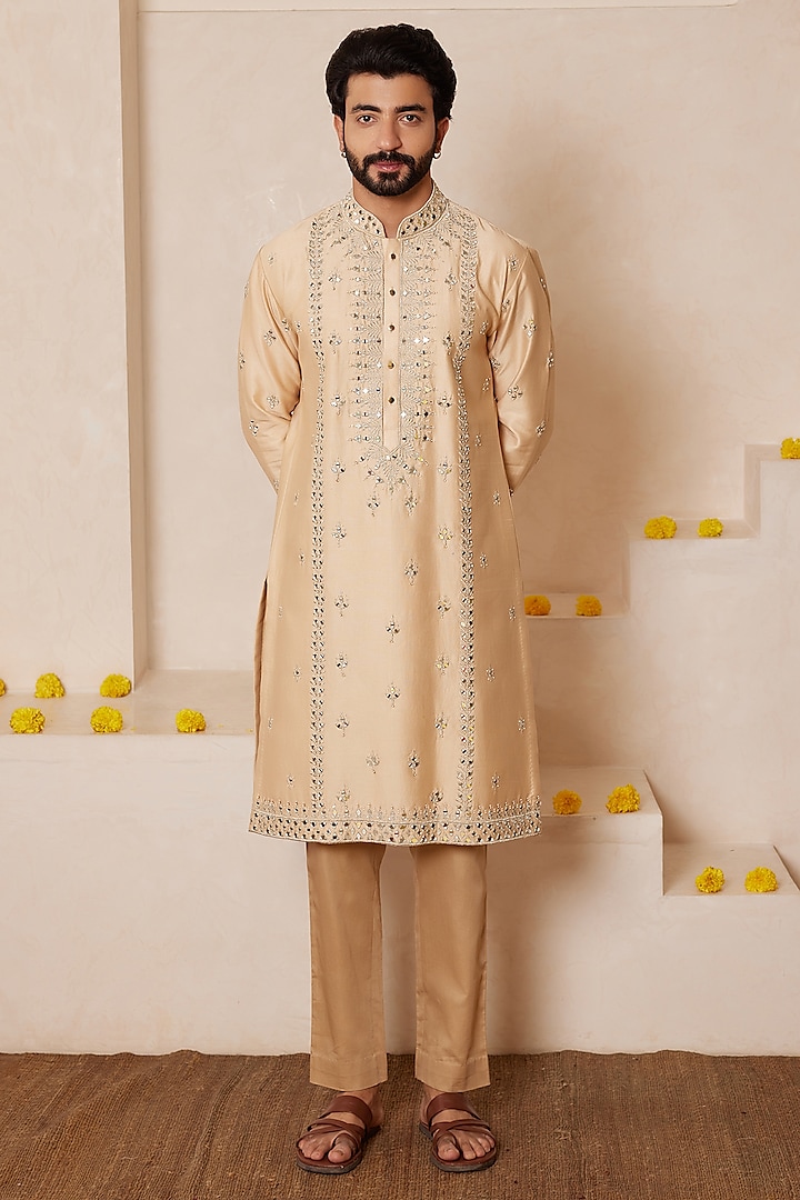 Beige Chanderi Silk Mirror Embroidered Kurta Set by Shreyansh Designs