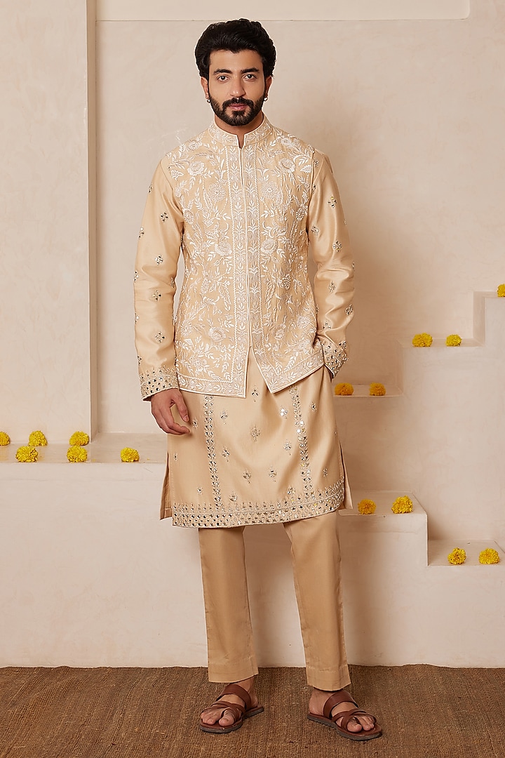 Beige Dupion Silk Thread Embroidered Nehru Jacket Set by Shreyansh Designs