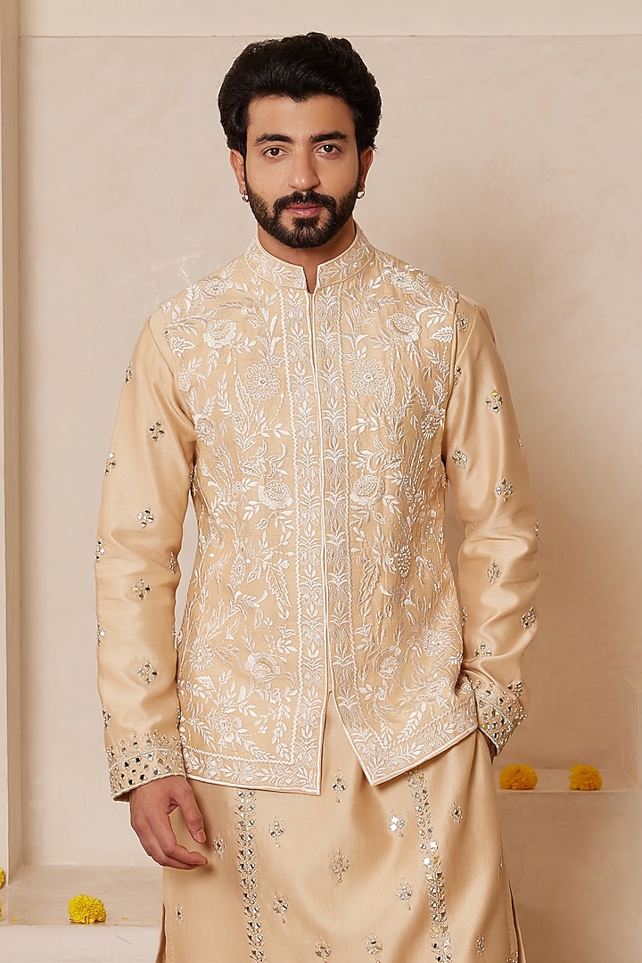 Beige Dupion Silk Thread Embroidered Nehru Jacket Set by Shreyansh Designs at Pernia's Pop Up Shop